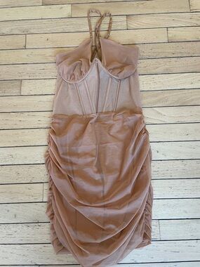 Oh Polly Ruched Sheer Midi Dress in Dusty Rose